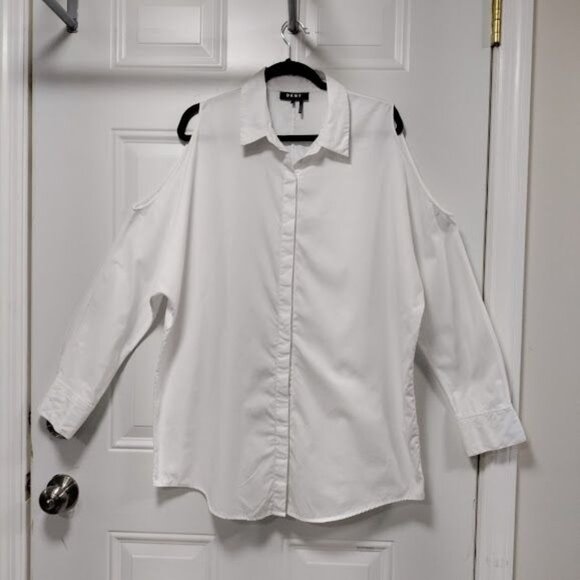 DKNY Cold-Shoulder Button down White Collared Shirt L - Picture 2 of 10